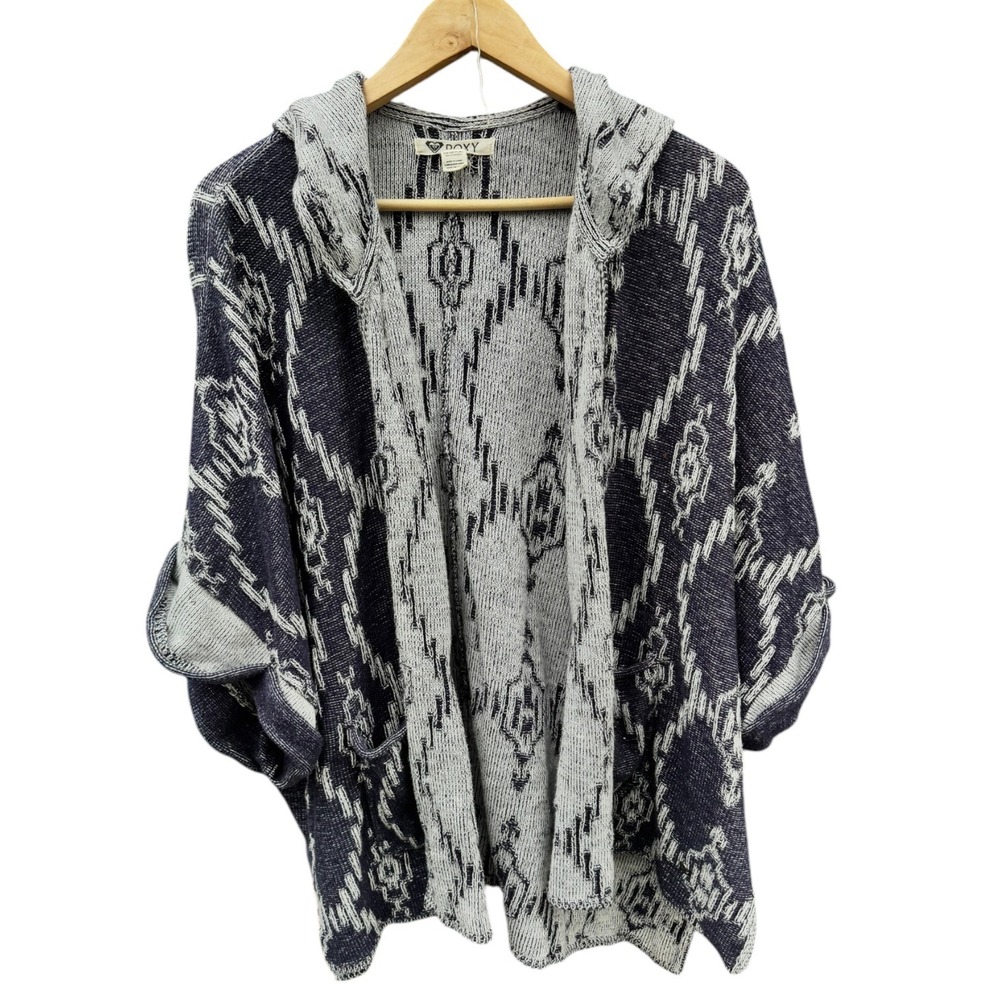 Roxy Women Navy Blue White Geometric Tribal Hooded Open Front Cardigan One Size